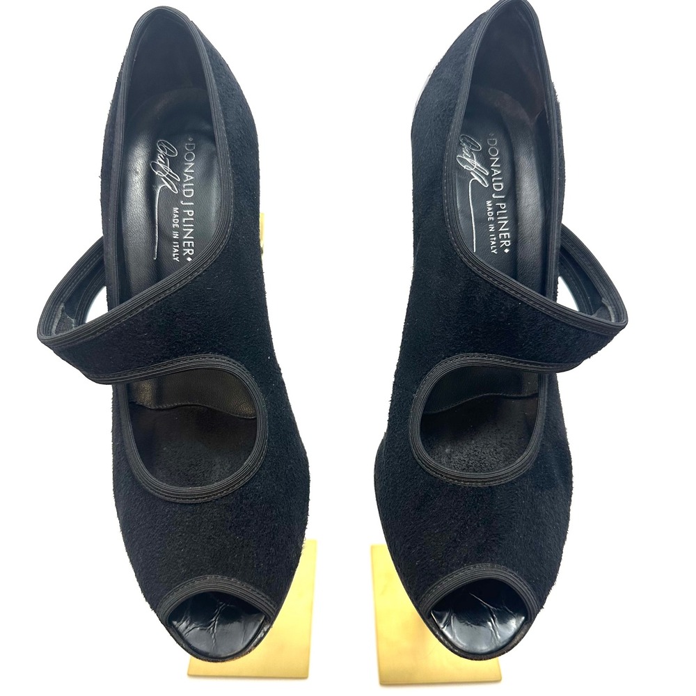 Donald J Pliner‎ Couture Black Pony Hair Peep Toe Pumps Croc Heel 9.5M Italy